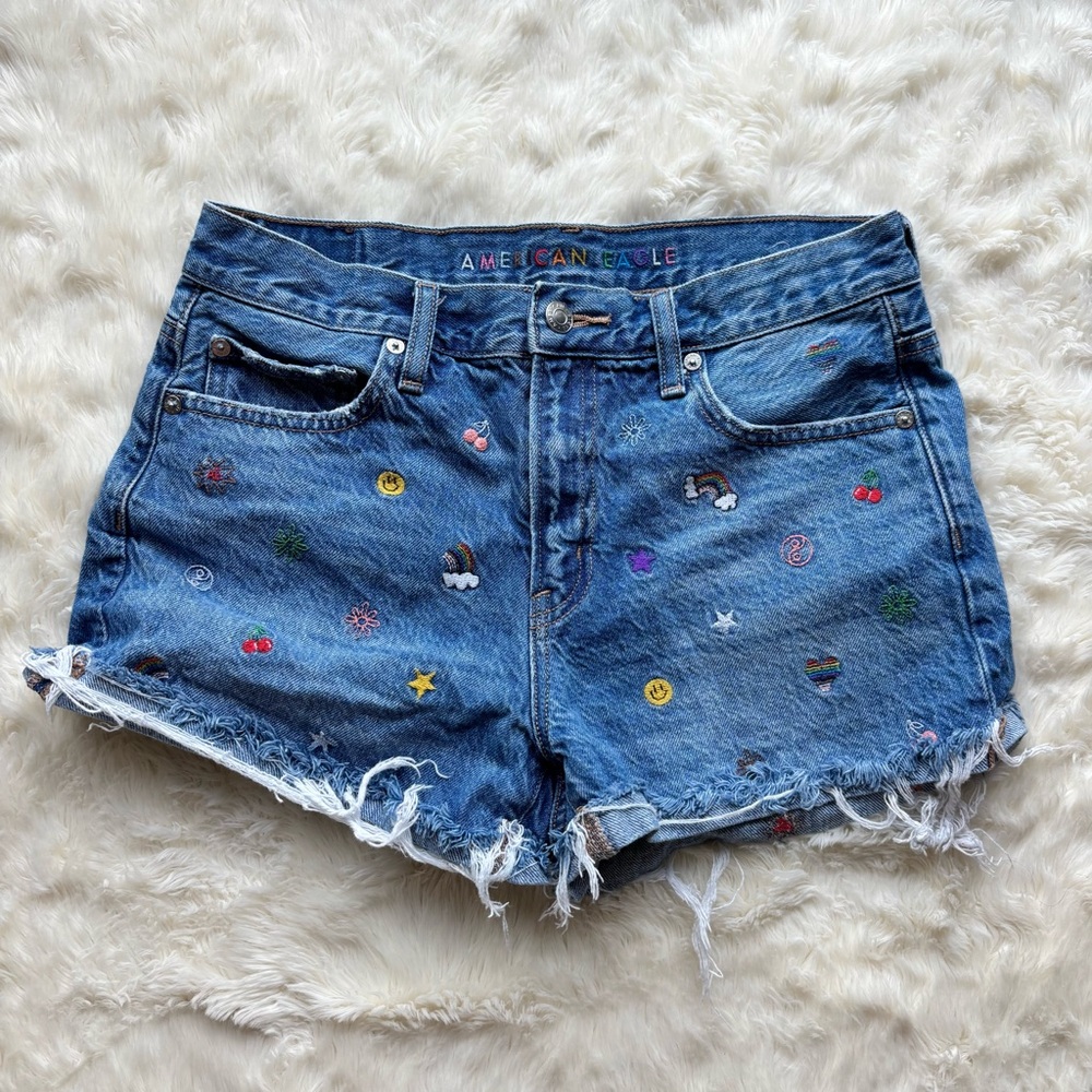 American Eagle Outfitters Blue Embroidered Distressed Jean Shorts